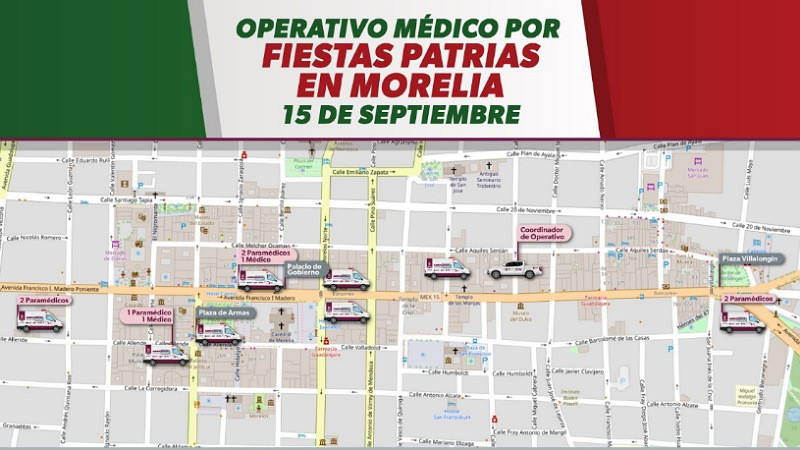 Sector Salud MichoacÃ¡n desplegarÃ¡ 64 mÃ©dicos y paramÃ©dicos, asÃ­ como 13 ambulancias por fiestas patrias en MoreliaÂ 