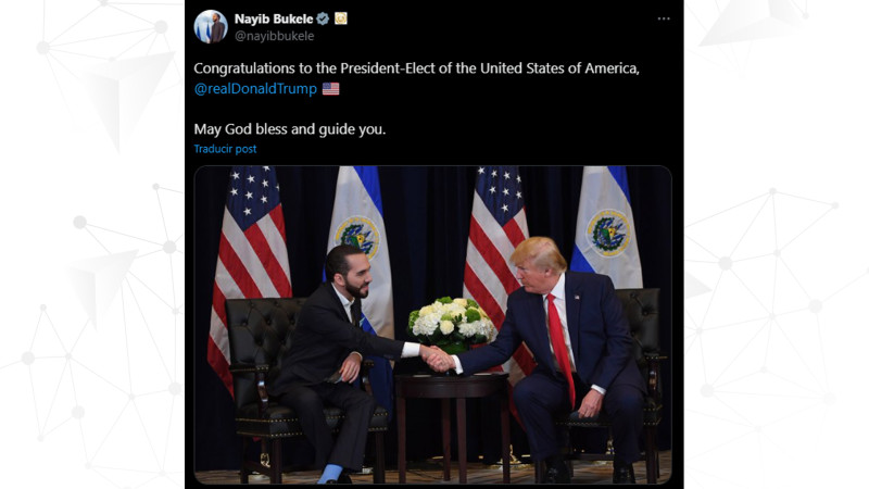 Nayib Bukele, presidente de El Salvador, felicita a Trump tras su victoria electoral