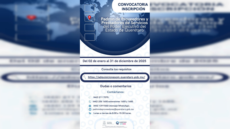 Inicia el 02 de enero inscripciÃ³n de nuevos proveedores del Gobierno Estatal de QuerÃ©taro