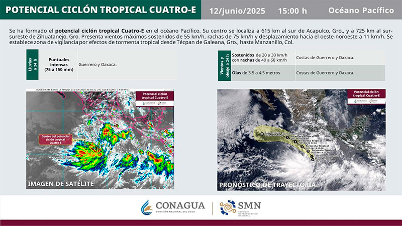 Toma fuerza y avanza ciclón tropical Cuatro-E a costas del Pacífico mexicano