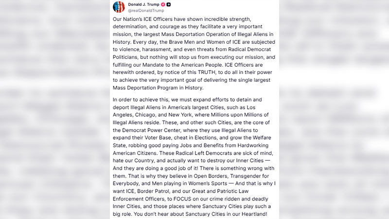 Elementos del ICE tienen facultades para detener y encarcelar a cualquier persona que dañe los vehículos oficiales, afirma Trump 