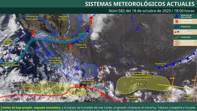 Se esperan lluvias muy fuertes a puntuales intensas en Puebla, Guerrero, Oaxaca y Chiapas