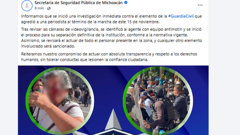 SSP separa a policía tras agredir a la periodista Liliana Jiménez en Morelia y abre investigación